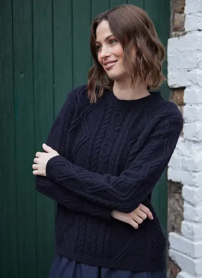 Emily Lambswool Aran Crew Neck Sweater in Navy